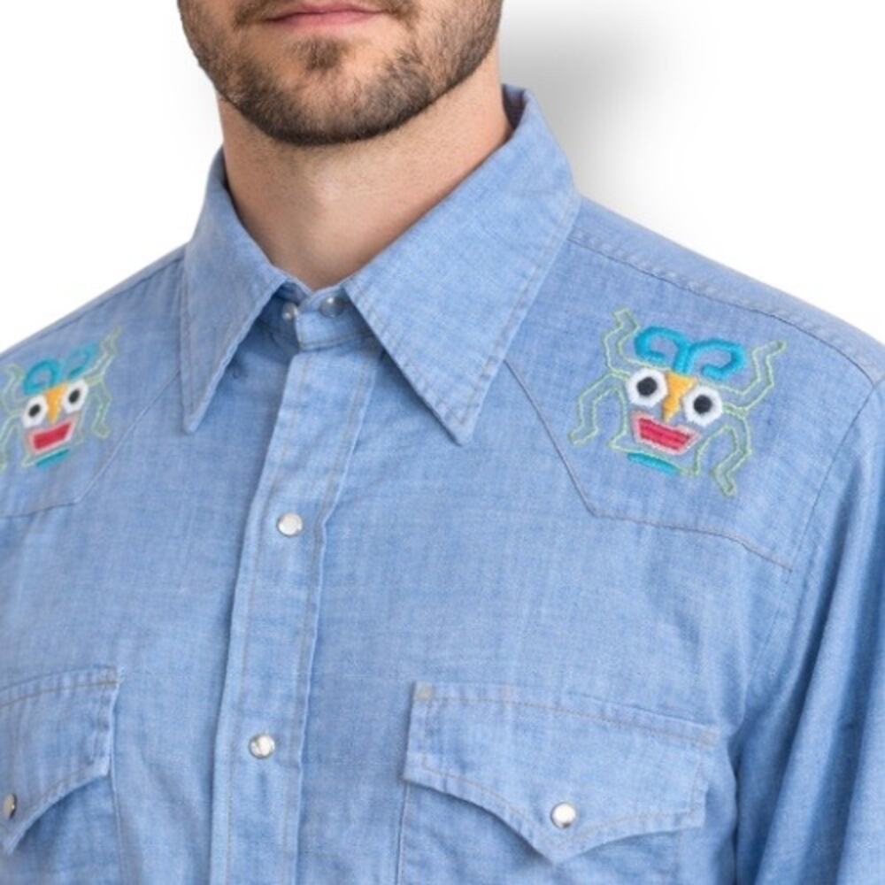 Vintage Sears Western Wear Embroidered Chambray Shirt Medium Unisex Cowboy Ranch